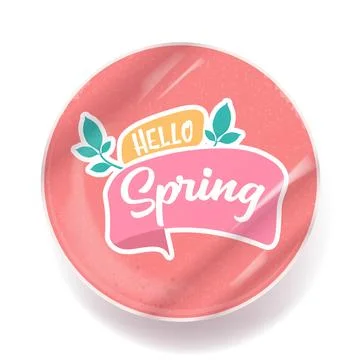 Hello spring round vector pink plastic sticker isolated on transparent white Stock Illustration