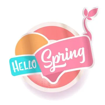 Hello spring round vector pink plastic sticker isolated on transparent white Stock Illustration
