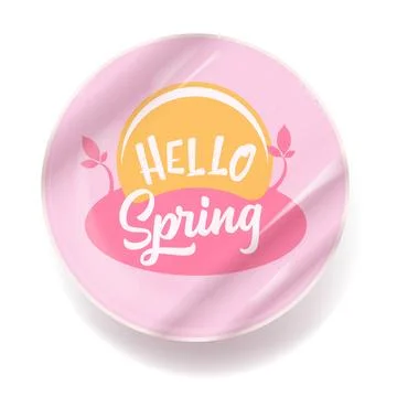 Hello spring round vector pink plastic sticker isolated on transparent white Stock Illustration