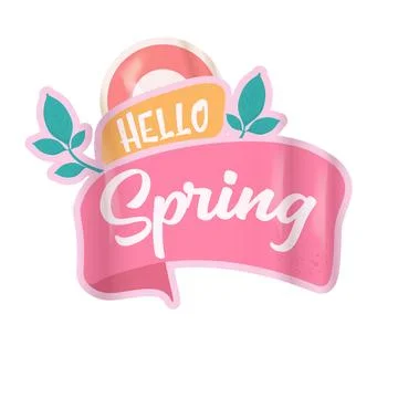 Hello spring round vector pink plastic sticker isolated on transparent white Stock Illustration