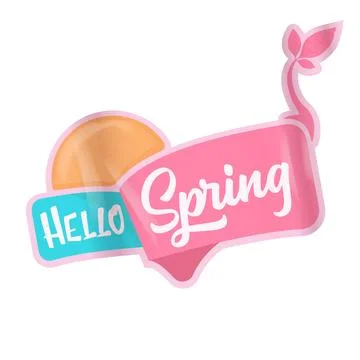 Hello spring round vector pink plastic sticker isolated on transparent white Stock Illustration