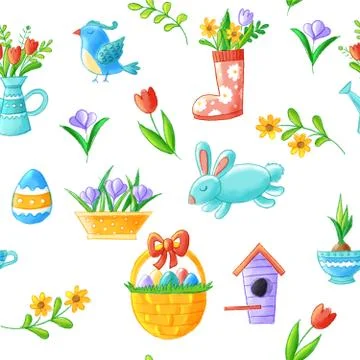 Hello spring seamless pattern with hand drawn elements - cute flowers, bird Stock Illustration