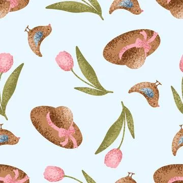 Hello spring seamless pattern with tulip flowers, hat and birds 스톡 일러스트