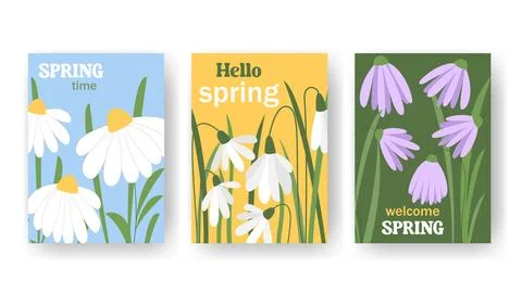Hello Spring - set posters with first flowers Stock Illustration