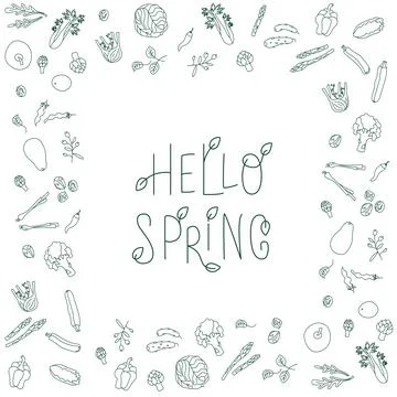 Hello spring sign with green vegetables frame. Handwritten lettering fresh font Stock Illustration