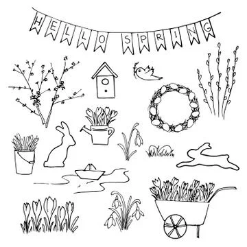 Hello Spring sketch set. First flowers, gardening and Lettering Stock Illustration