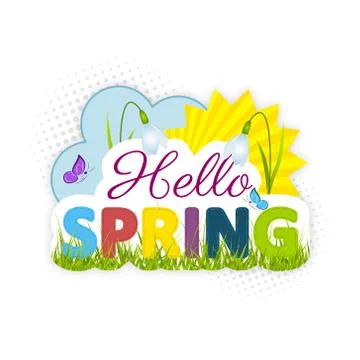 Hello spring. Snowdrops, sun, green grass, blue cloud and butterlies. Stock Illustration