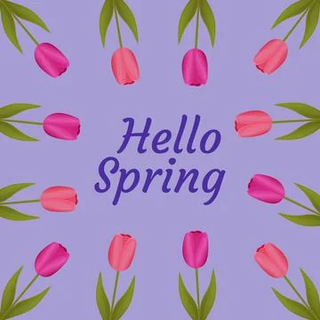 Hello spring. Spring banner, poster with tulips. Stock Photos