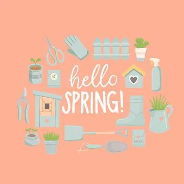 Hello spring, spring set, flat design, vector Stock Illustration