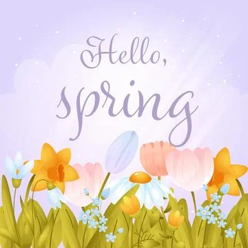 Hello, spring. Square card with spring flowers, cartoon style. Stock Illustration