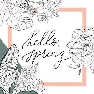 Hello spring in square with flowers Stock Illustration