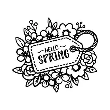 Hello Spring Tag with Flowers Icon Hand Drawn Black and White Thick Lines Illustrazione stock