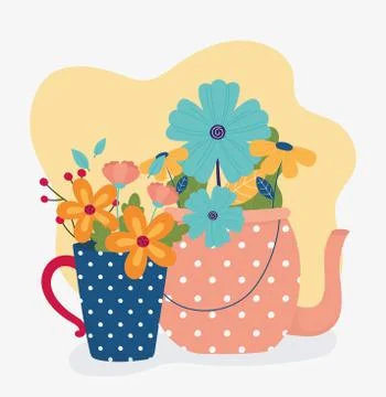 Hello spring teapot and vase with flowers nature decoration Illustrazione stock