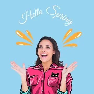 Hello spring text banner and surprised caucasian young woman against blue Stock Photos
