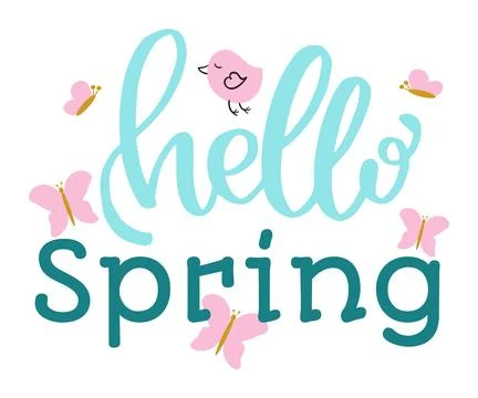 Hello Spring text cute bird butterflies. Seasonal greeting card design Stock Illustration