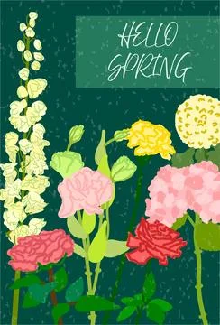 Hello Spring text on dark floral background 2 Stock Illustration