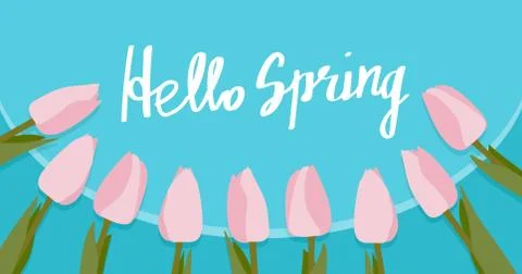 Hello spring text with flowers over blue background Illustrazione stock