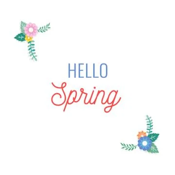 Hello Spring Text with Frame of Bouquet Flower Arrangement and Leaf Ornament Stock Illustration