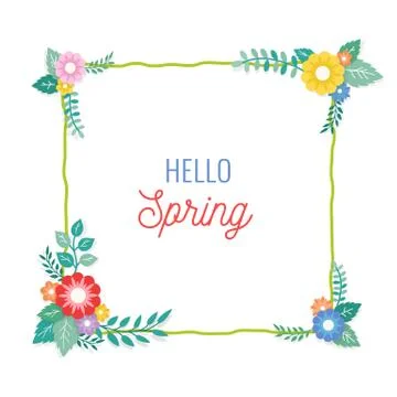 Hello Spring Text with Frame of Bouquet Flower Arrangement and Leaf Ornament Stock Illustration
