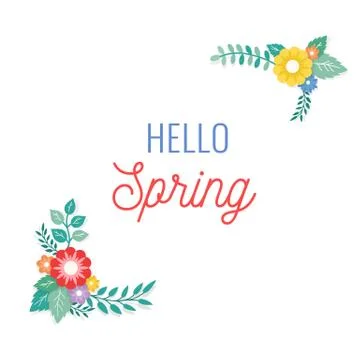 Hello Spring Text with Frame of Bouquet Flower Arrangement and Leaf Ornament Stock Illustration