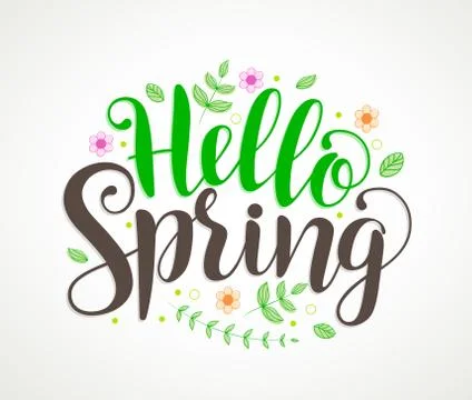 Hello spring text typography vector design with colorful flowers Stock Illustration