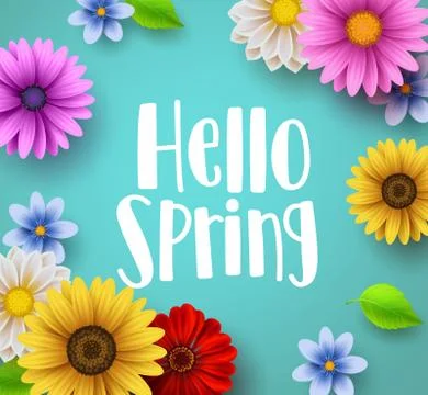 Hello spring text vector banner greetings design with colorful flower Stock Illustration