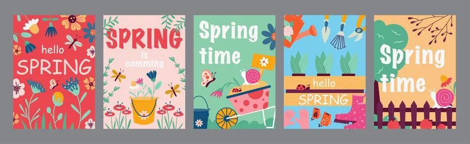 Hello spring time typography template posters. Vertical covers with springtim Stock Illustration