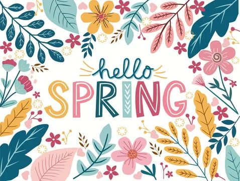 Hello Spring typography framed with decorative botanical Stock Illustration