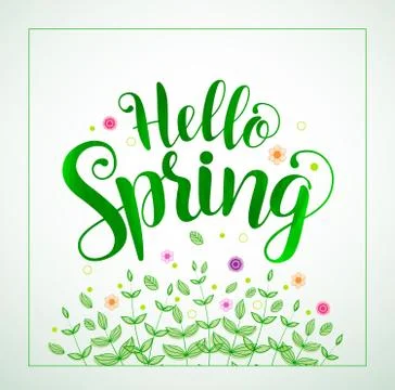 Hello spring typography vector banner design in green color Stock Illustration