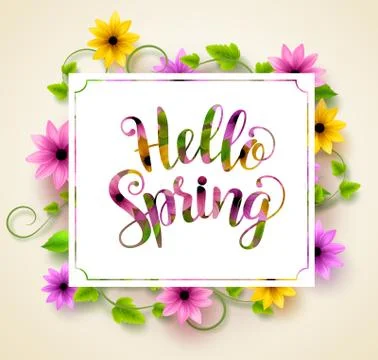 Hello spring vector background design with paper cut Stock Illustration
