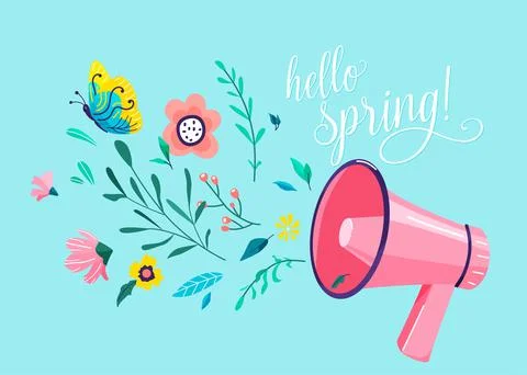 Hello spring vector background. Pink megaphone with springtime flowers, leaves Stock Illustration