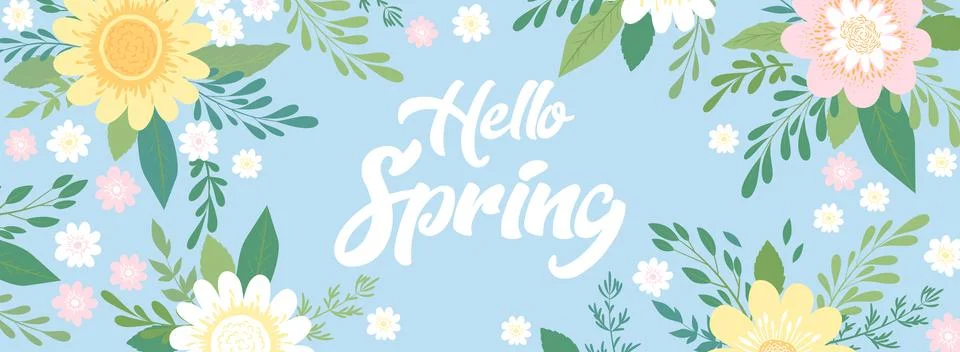 Hello Spring vector banner with colorful hand drawn flowers isolated on lig.. Stock Illustration