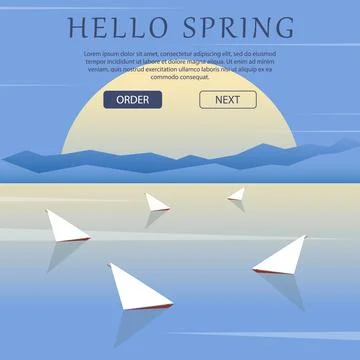 Hello spring vector banner. Welcome adventure square template with mountains  Stock Illustration