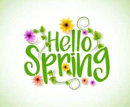 Hello Spring Vector Design with 3D Realistic Fresh Plants and Flowers Stock Illustration
