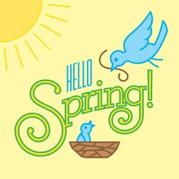 Hello Spring Vector Design with cute bird drawings. Stock Illustration