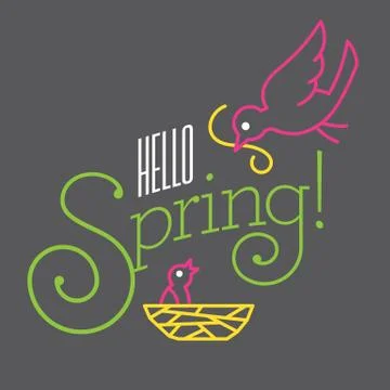 Hello Spring Vector Design with cute bird drawings. Stock Illustration