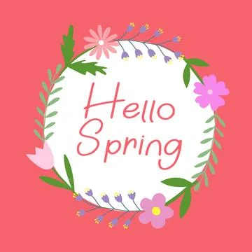 Hello spring vector greetings design with flower elements on pink background Stock Illustration
