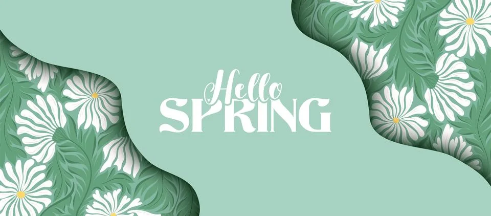 Hello Spring vector illustration with abstract flowers and leaves isolated .. Stock Illustration