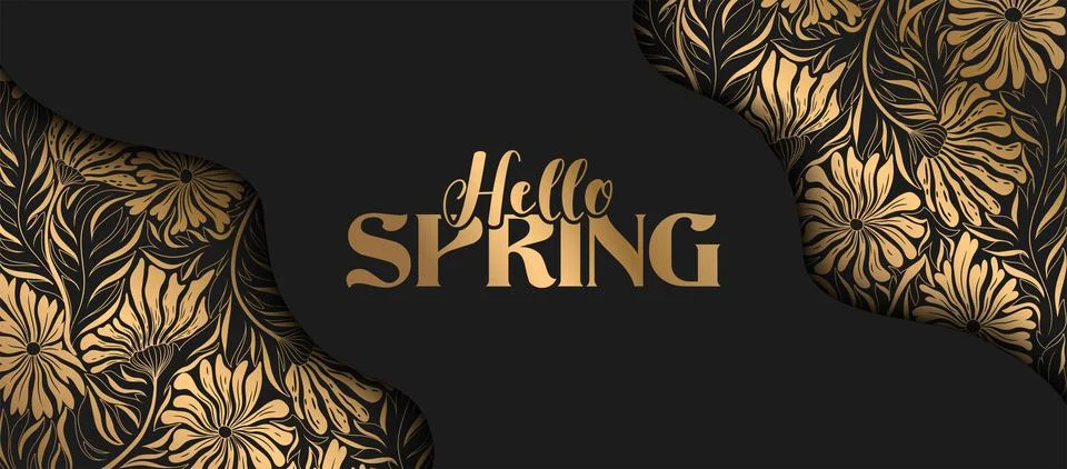 Hello Spring vector illustration with abstract gold flowers and leaves patt.. Stock Illustration