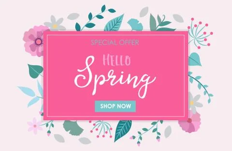 Hello spring - vector illustration with flowers and leaves and lettering. Design Stock Illustration