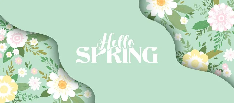 Hello Spring vector illustration with hand drawn abstract flowers and leave.. Stock Illustration