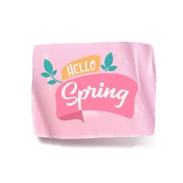 Hello spring vector pink plastic sticker isolated on transparent white Stock Illustration
