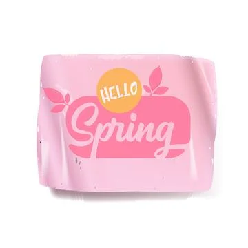 Hello spring vector pink plastic sticker isolated on transparent white Stock Illustration
