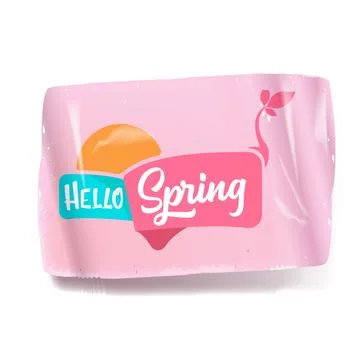 Hello spring vector pink plastic sticker isolated on transparent white Stock Illustration