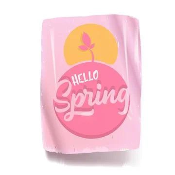 Hello spring vector pink plastic sticker isolated on transparent white Stock Illustration