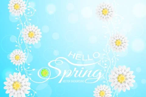 Hello Spring vector poster on the gradient sunny blue background with flora.. Stock Illustration