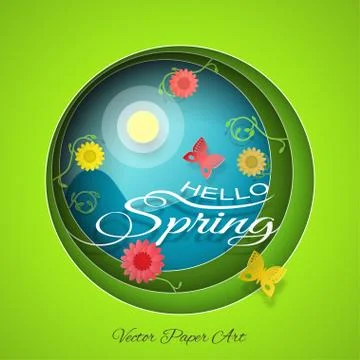 Hello Spring - vector poster in style of the multilayer paper art carve on .. Stock Illustration