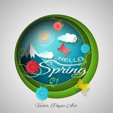 Hello Spring - vector poster in style of the multilayer paper art carve on .. Stock Illustration
