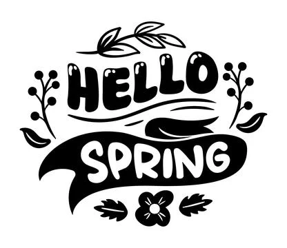 Hello Spring. Whimsical vector illustration of lettering, embellished with co Stock Illustration