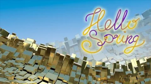 Hello Spring word lettering over abstract mountain landscape background of metal Ilustração Stock